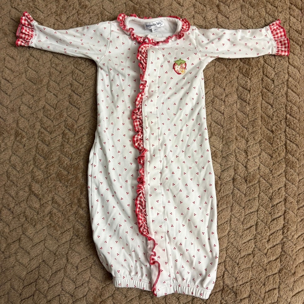 Magnolia Baby Sleep Gown SM Red Gingham Ruffle Strawberry Dot Cotton Pajamas